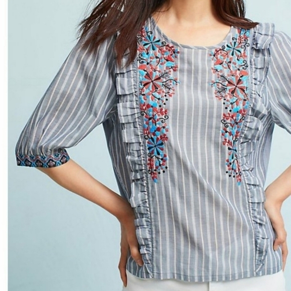 Anthropologie Tops - ANTHROPOLOGIE One September Embroidered Floral Ruffle Striped Blouse Size M